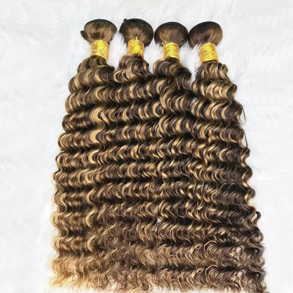 Paquets de cheveux humains brésiliens bouclés P4/27 de 30 pouces, mèches à vagues profondes, cheveux humains pour tissage, ombré brun, mèches bouclées pour femmes
