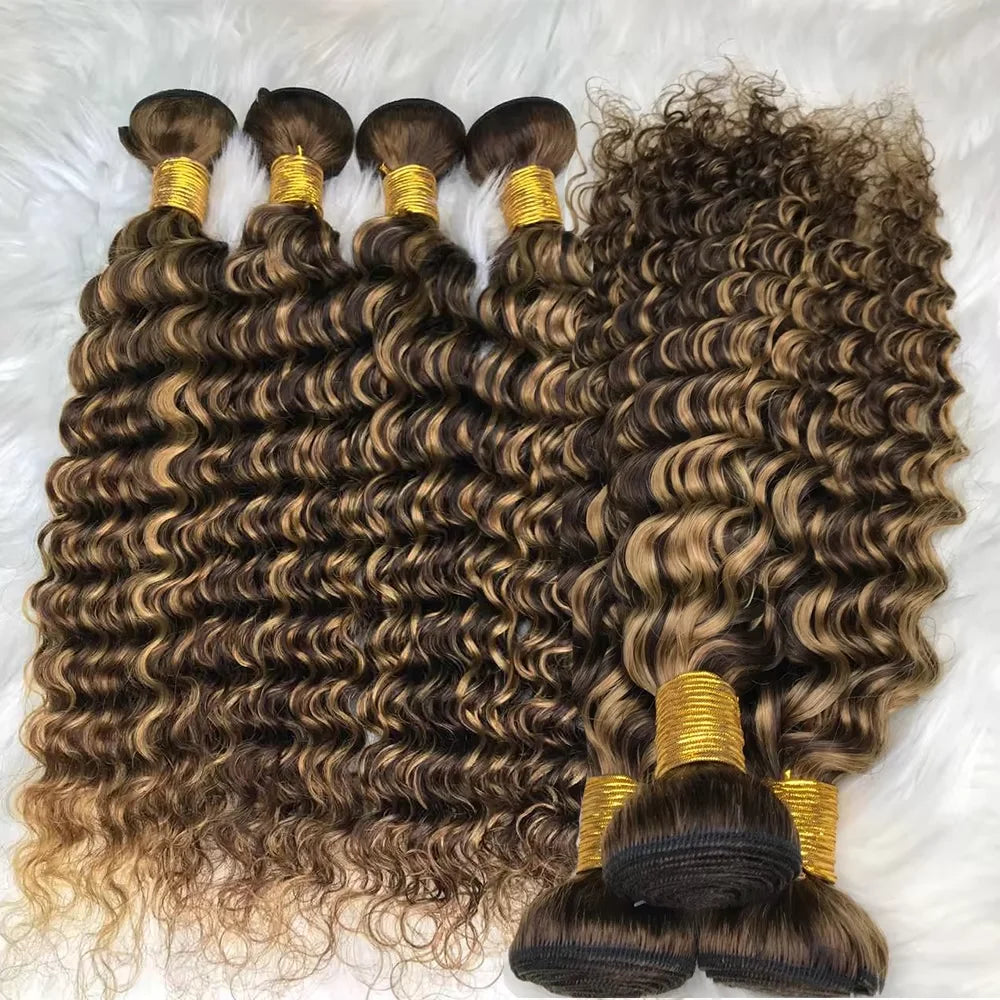 Paquets de cheveux humains brésiliens bouclés P4/27 de 30 pouces, mèches à vagues profondes, cheveux humains pour tissage, ombré brun, mèches bouclées pour femmes