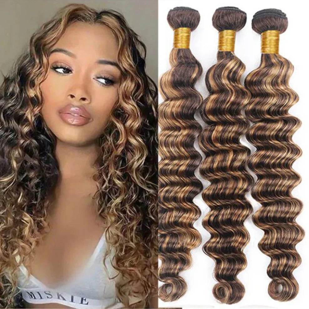 Paquets de cheveux humains brésiliens bouclés P4/27 de 30 pouces, mèches à vagues profondes, cheveux humains pour tissage, ombré brun, mèches bouclées pour femmes