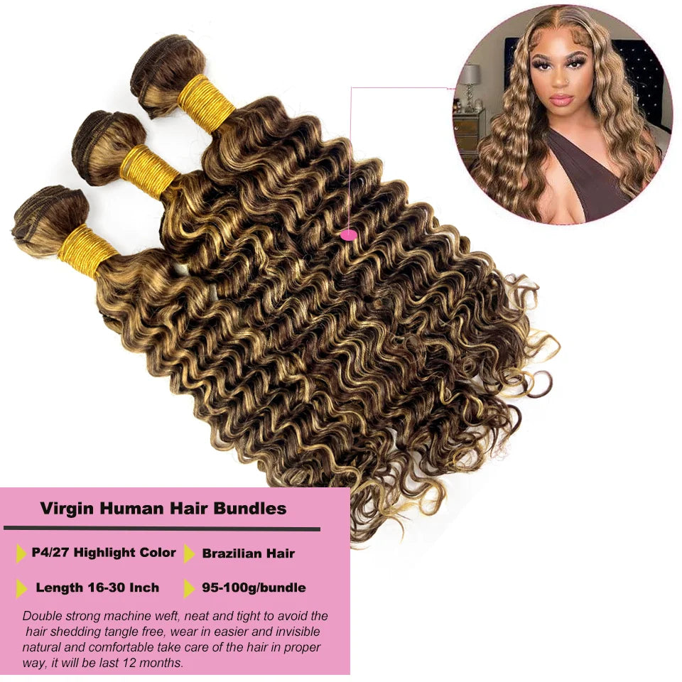 Paquets de cheveux humains brésiliens bouclés P4/27 de 30 pouces, mèches à vagues profondes, cheveux humains pour tissage, ombré brun, mèches bouclées pour femmes
