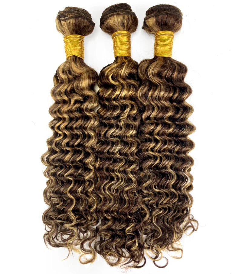 Paquets de cheveux humains brésiliens bouclés P4/27 de 30 pouces, mèches à vagues profondes, cheveux humains pour tissage, ombré brun, mèches bouclées pour femmes