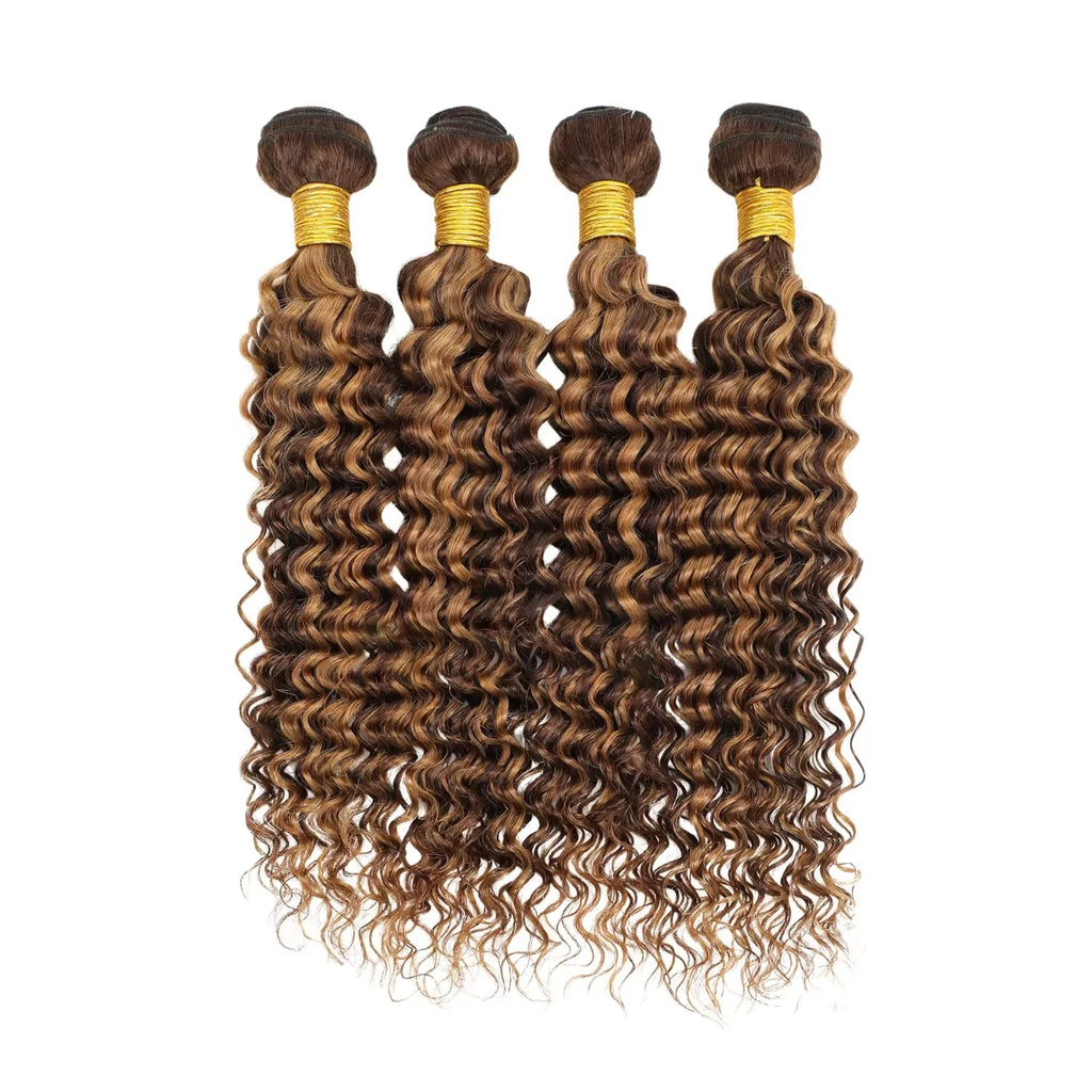 Paquets de cheveux humains brésiliens bouclés P4/27 de 30 pouces, mèches à vagues profondes, cheveux humains pour tissage, ombré brun, mèches bouclées pour femmes