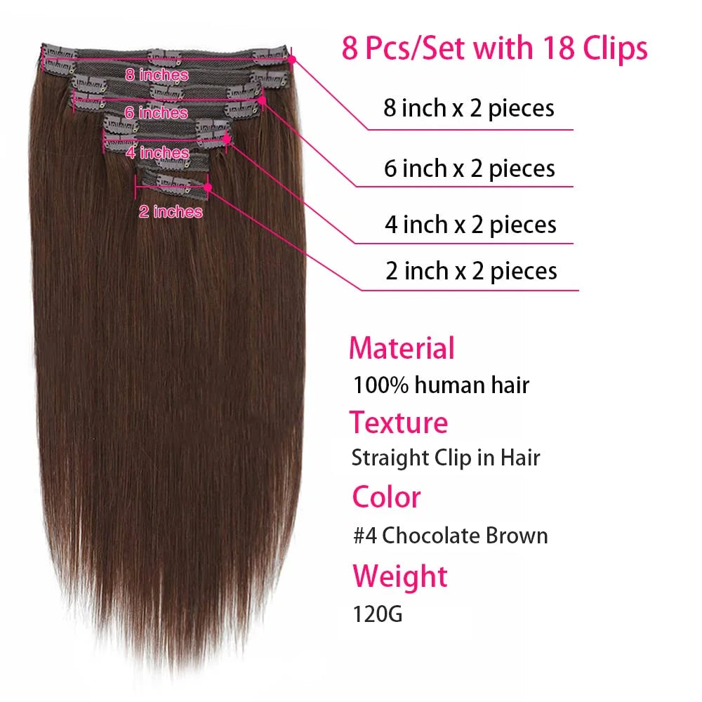 Extensions de cheveux à clip en cheveux humains réels, lisses, 100 % cheveux humains brésiliens Remy, à clipser, marron chocolat, 16-26 pouces pour femmes