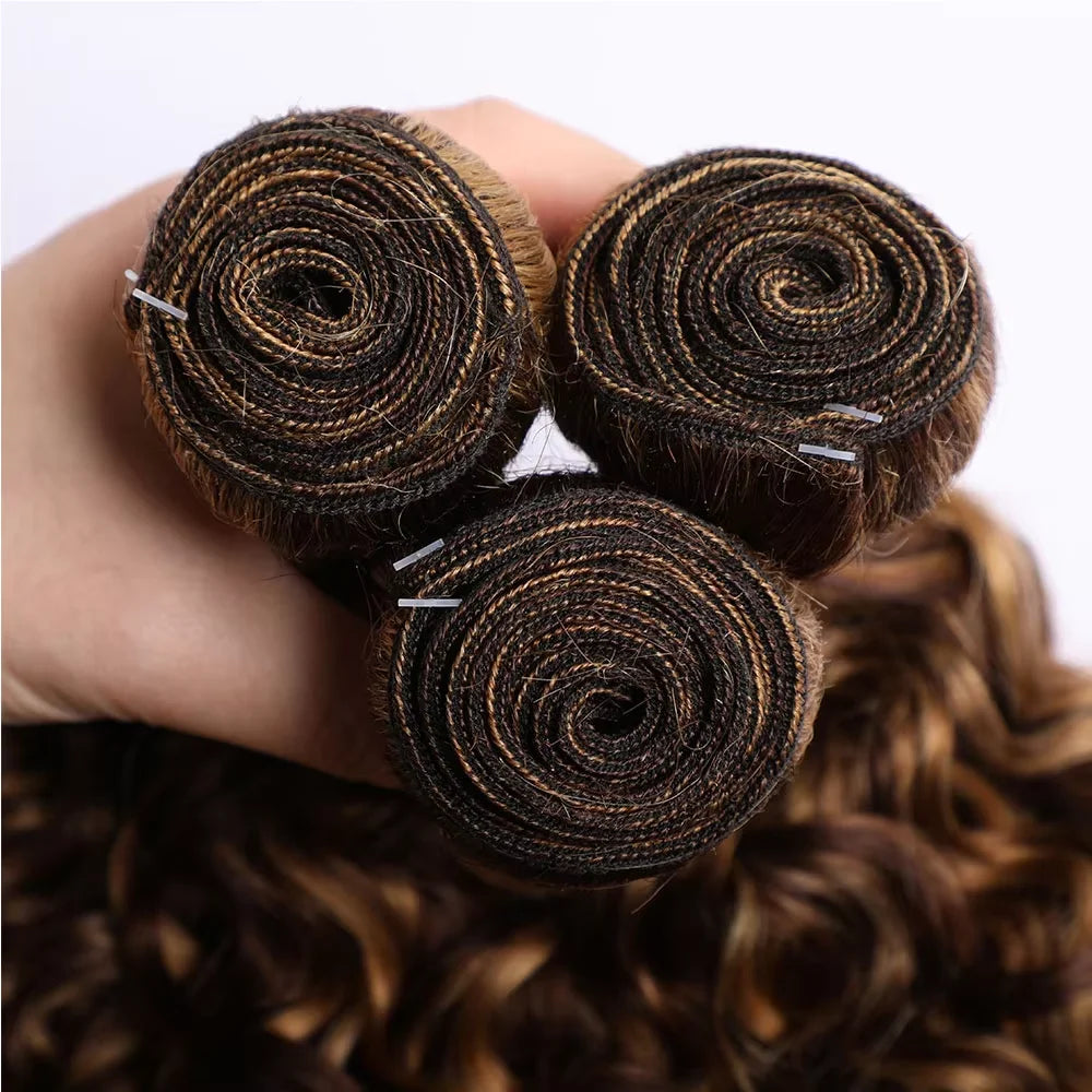 Paquets de cheveux humains brésiliens bouclés P4/27 de 30 pouces, mèches à vagues profondes, cheveux humains pour tissage, ombré brun, mèches bouclées pour femmes