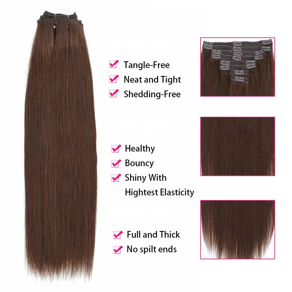 Extensions de cheveux à clip en cheveux humains réels, lisses, 100 % cheveux humains brésiliens Remy, à clipser, marron chocolat, 16-26 pouces pour femmes