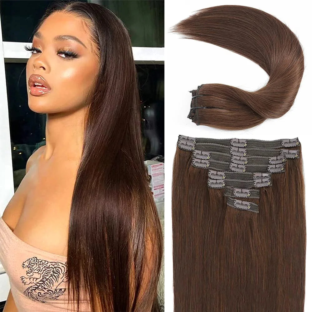 Extensions de cheveux à clip en cheveux humains réels, lisses, 100 % cheveux humains brésiliens Remy, à clipser, marron chocolat, 16-26 pouces pour femmes