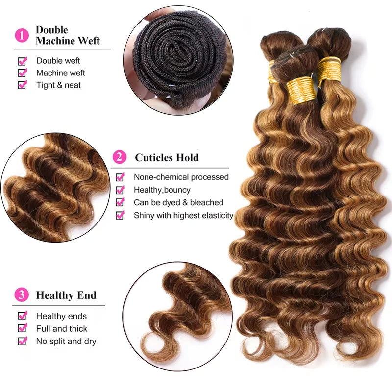 Paquets de cheveux humains brésiliens bouclés P4/27 de 30 pouces, mèches à vagues profondes, cheveux humains pour tissage, ombré brun, mèches bouclées pour femmes