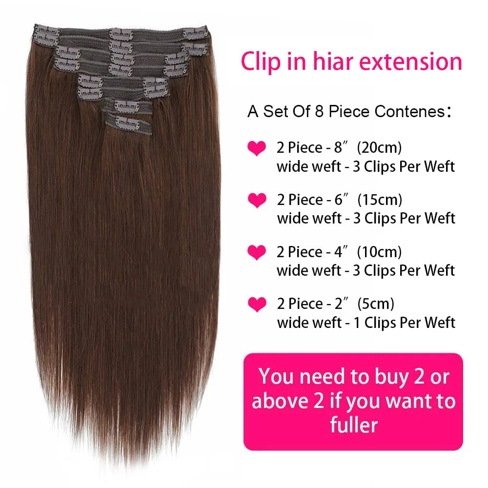 Extensions de cheveux à clip en cheveux humains réels, lisses, 100 % cheveux humains brésiliens Remy, à clipser, marron chocolat, 16-26 pouces pour femmes