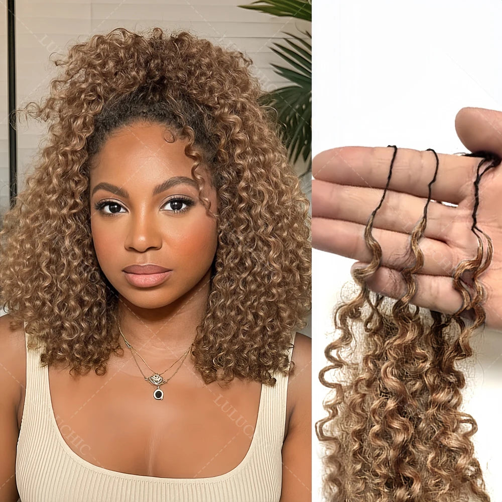 Extensions de cheveux en crochet humains à plumes bouclées en spirales petites blond miel, nœuds miracles, boucles pixie pré-séparées