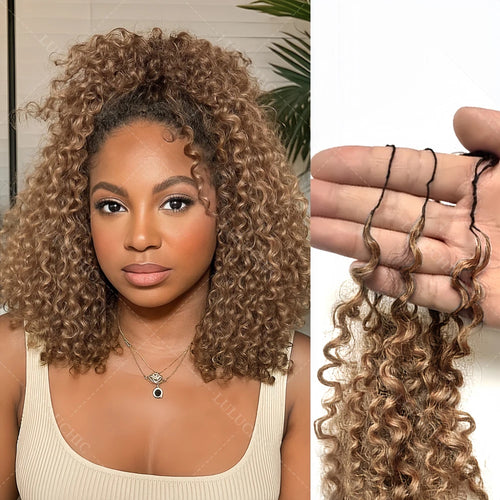 Extensions de cheveux en crochet humains à plumes bouclées en spirales petites blond miel, nœuds miracles, boucles pixie pré-séparées