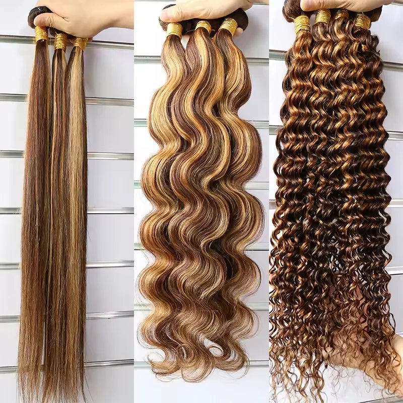 Paquets de cheveux humains brésiliens bouclés P4/27 de 30 pouces, mèches à vagues profondes, cheveux humains pour tissage, ombré brun, mèches bouclées pour femmes