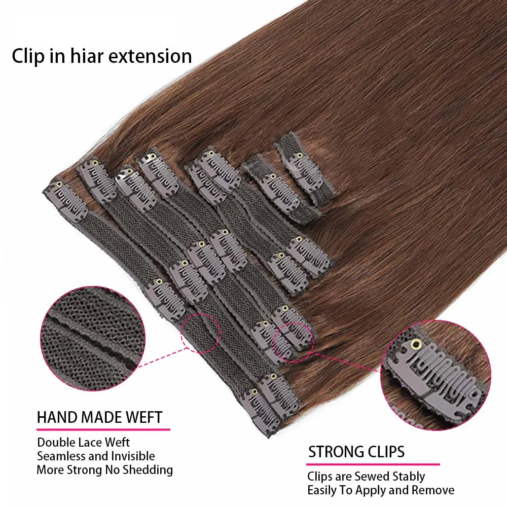 Extensions de cheveux à clip en cheveux humains réels, lisses, 100 % cheveux humains brésiliens Remy, à clipser, marron chocolat, 16-26 pouces pour femmes