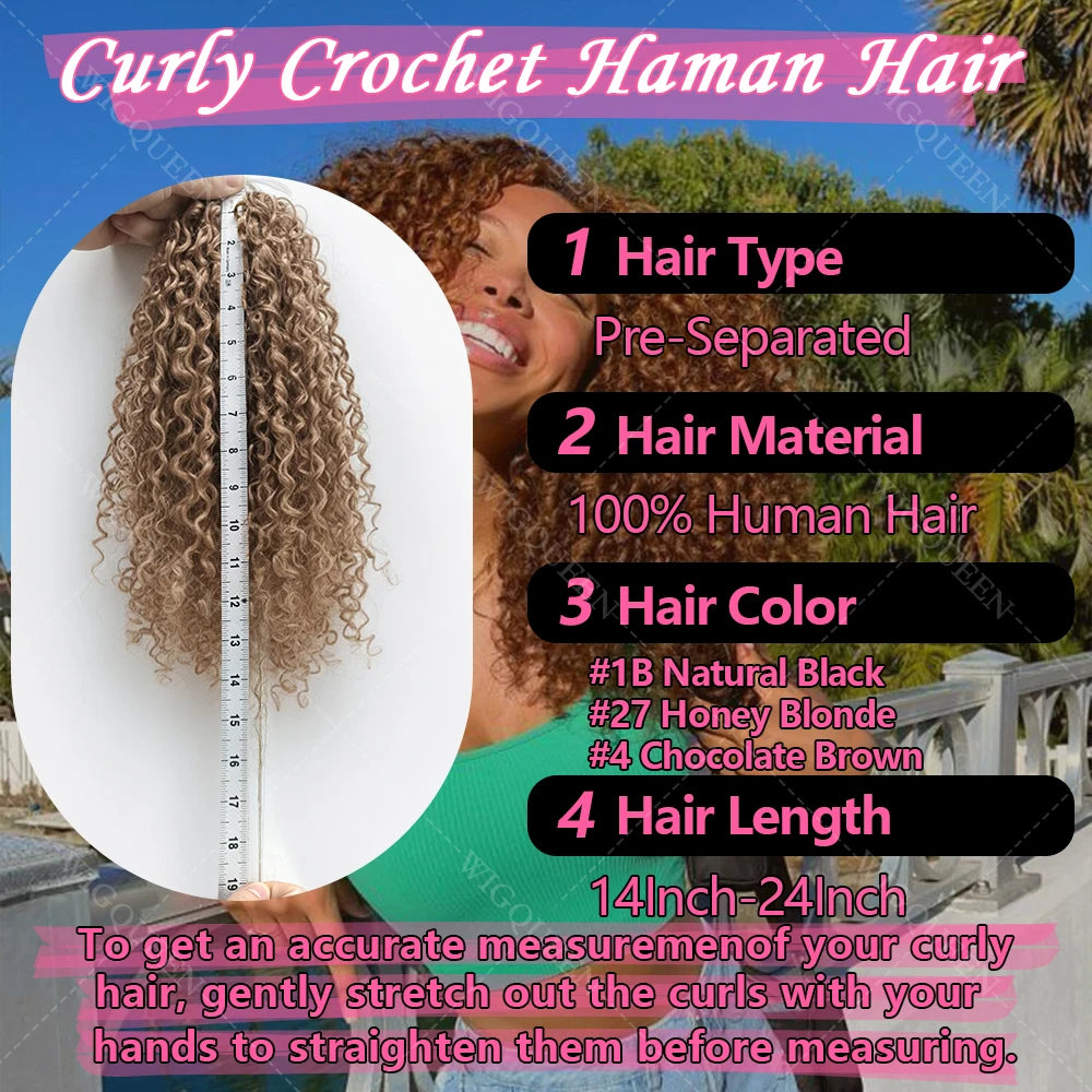 Extensions de cheveux en crochet humains à plumes bouclées en spirales petites blond miel, nœuds miracles, boucles pixie pré-séparées