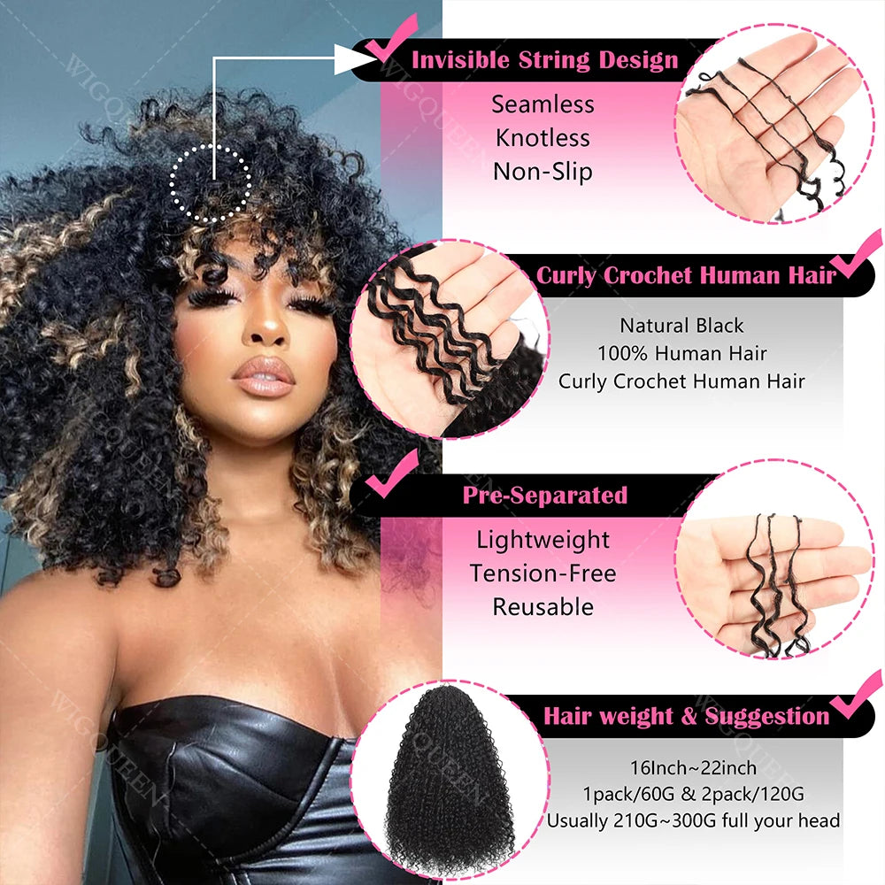 Extensions de cheveux en crochet humains à plumes bouclées en spirales petites blond miel, nœuds miracles, boucles pixie pré-séparées