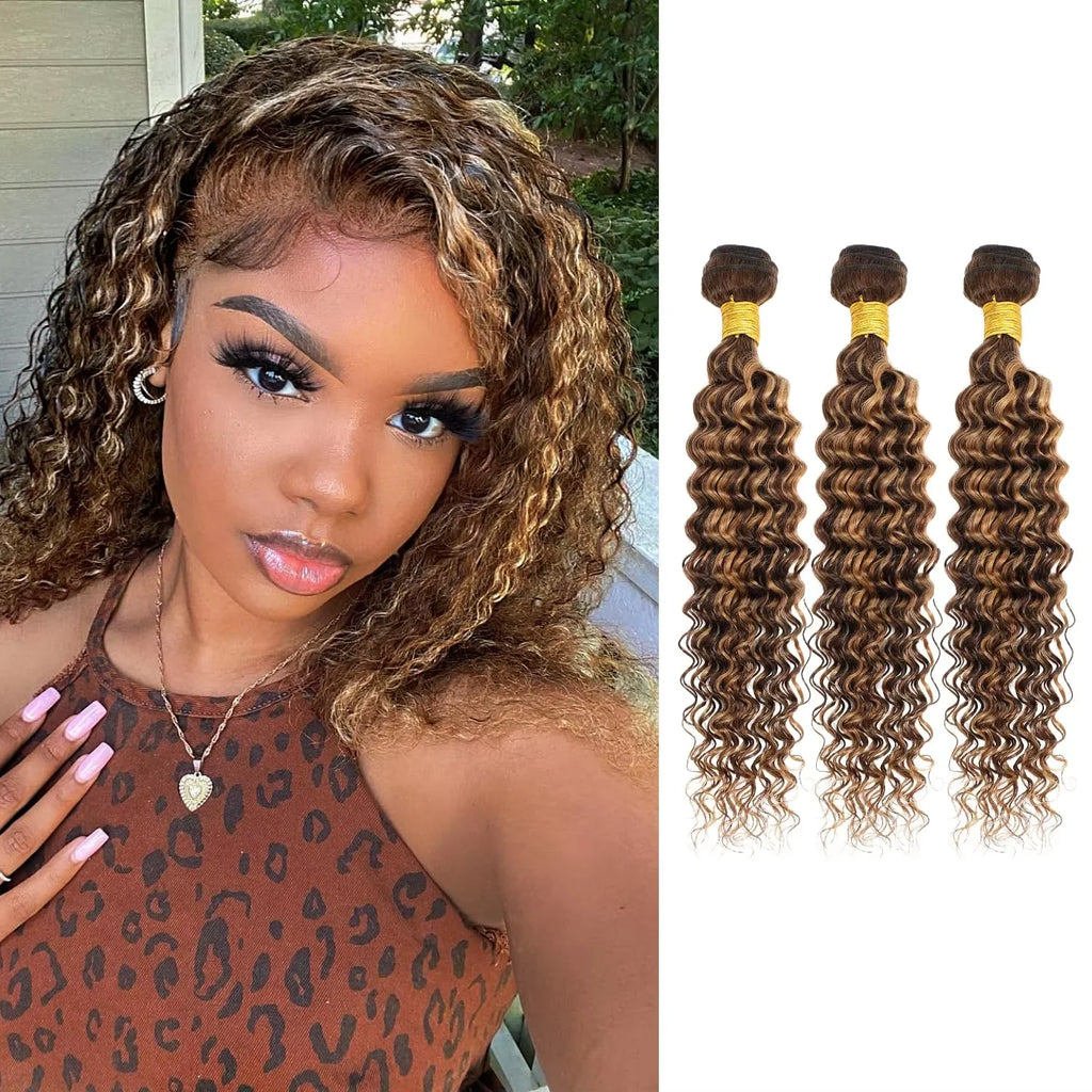 Paquets de cheveux humains brésiliens bouclés P4/27 de 30 pouces, mèches à vagues profondes, cheveux humains pour tissage, ombré brun, mèches bouclées pour femmes
